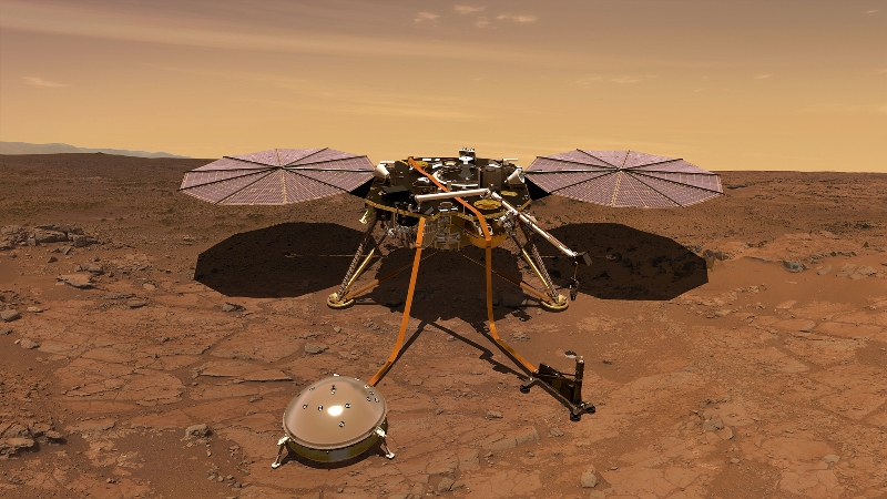 Artist depiction of NASA's Insight lander on the surface of Mars.