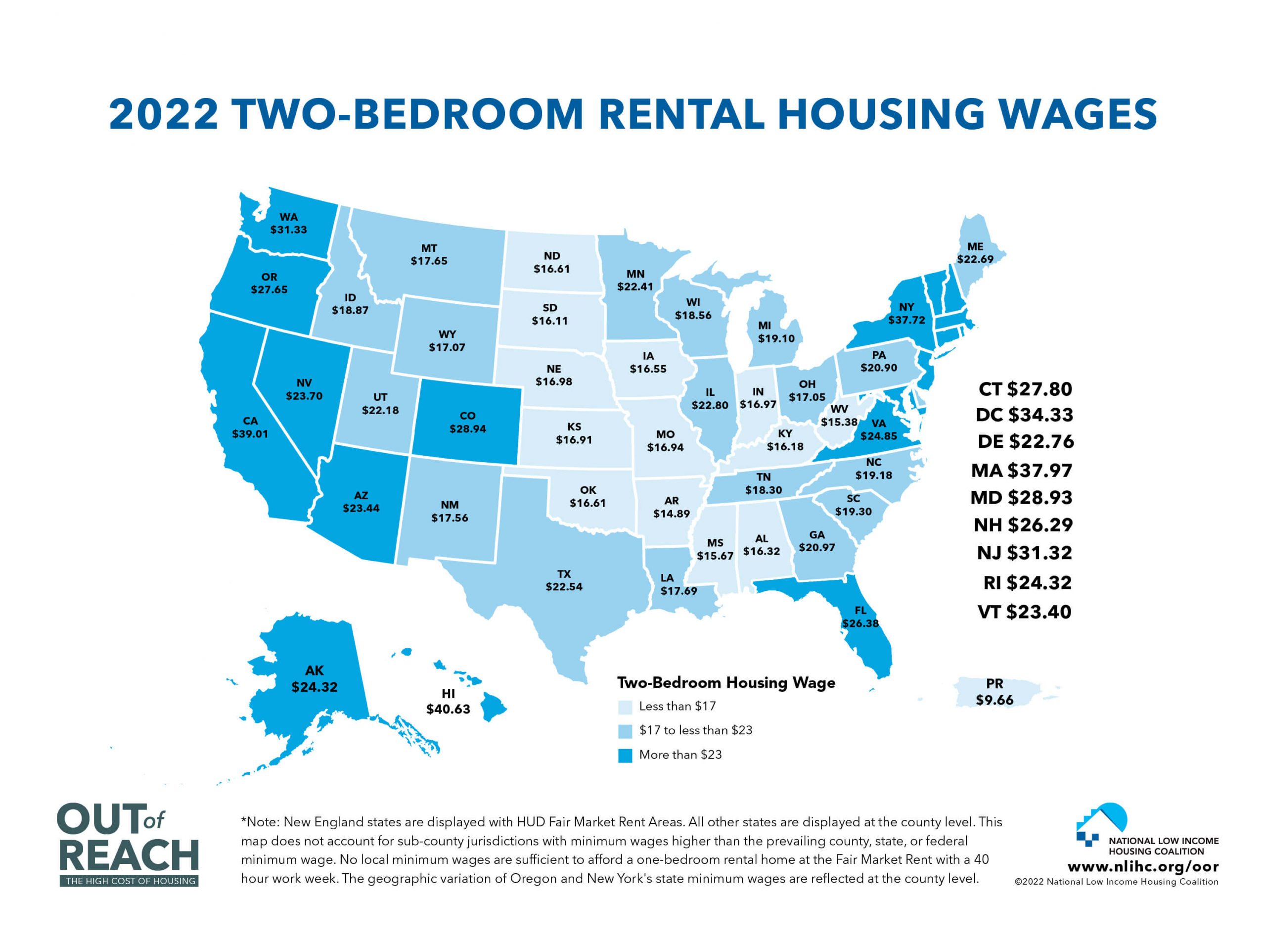 U.S. map shows 2 bedroom rental housing wages for 2020
